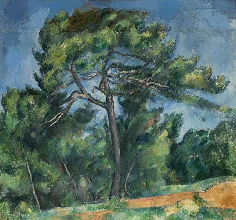 Paul Cézanne Die große Kiefer Kunstkopie, weit ausladende Kiefer mit grünem Laub vor blauem Himmel und rotem Erdboden