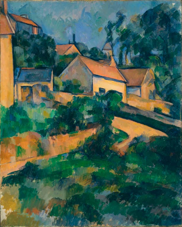 Häuser mit roten Dächern hinter grüner Böschung und Straße – Paul Cézanne Die kurvige Straße in Montgeroult Kunstkopie