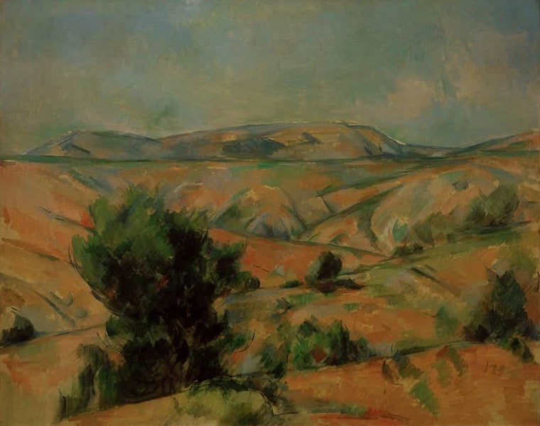 Paul Cézanne Die Montagne Sainte-Victoire von Gardanne aus gesehen Kunstkopie, orangefarbene Hügel und dunkler Baum