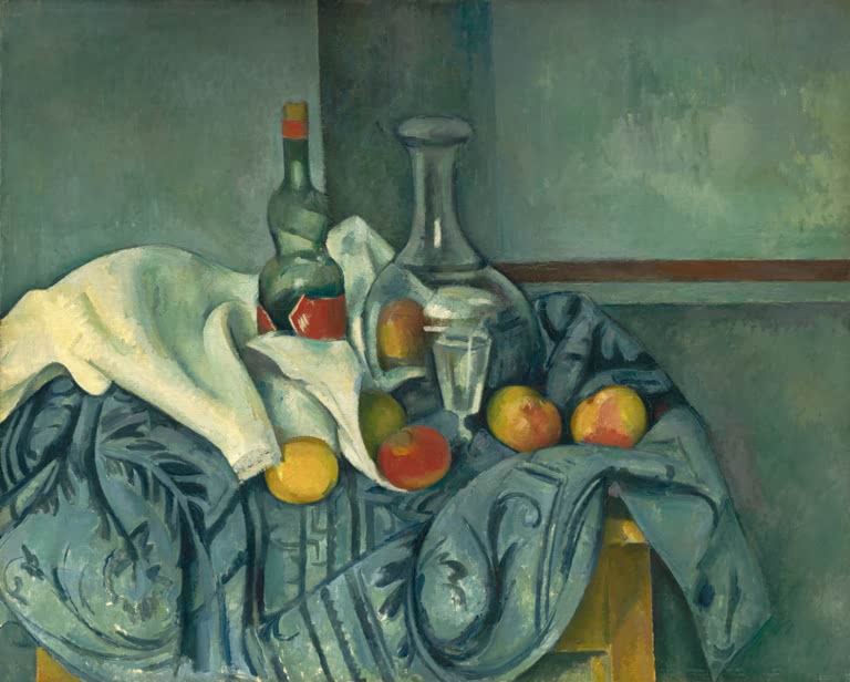 Stillleben mit Flasche, Karaffe, Äpfeln und Zitrone auf blauem Tuch – Paul Cézanne Die Pfefferminzflasche Kunstkopie