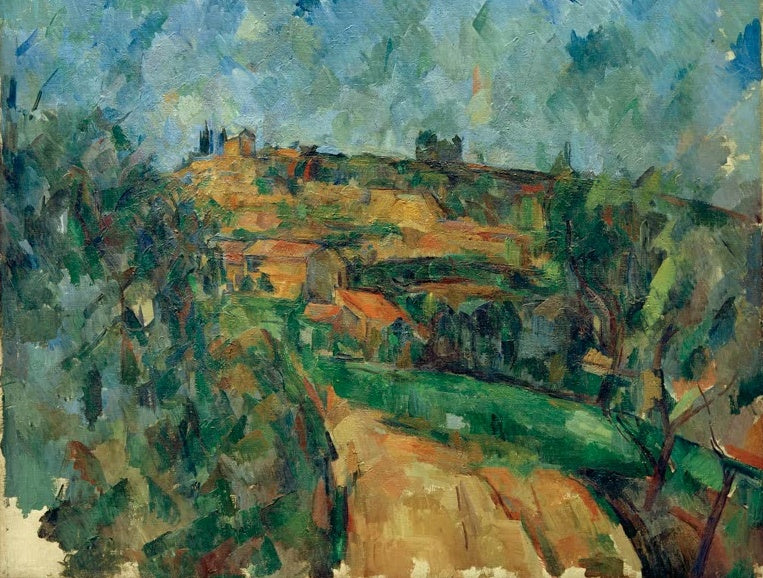 Paul Cézanne Wegbiegung Chemin des Lauves Kunstkopie, geschwungener Feldweg zwischen grünen Hügeln bei Aix-en-Provence