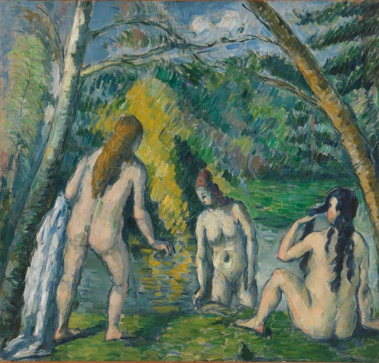 Paul Cézanne Drei Badende, Petit Palais Kunstkopie, drei nackte Frauen am Wasser unter Bäumen in leuchtendem Grün