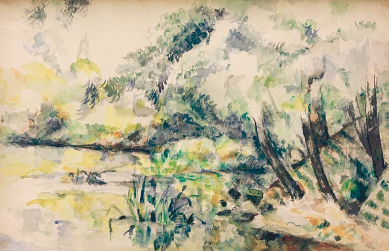 Aquarell mit Wasserfläche und Uferbäumen in leichten Farben – Paul Cézanne Eau marécageuse Kunstkopie