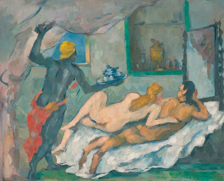 Paul Cézanne Ein Nachmittag in Neapel Kunstkopie, intime Interieurszene mit servierendem Diener vor blaugrüner Wand