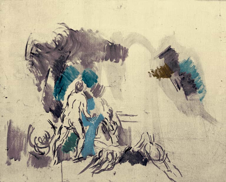 Skizzenhafte Badende unter großem Baum in Violett und Blau auf hellem Grund – Paul Cézanne Esquisse de baigneuses Kunstkopie