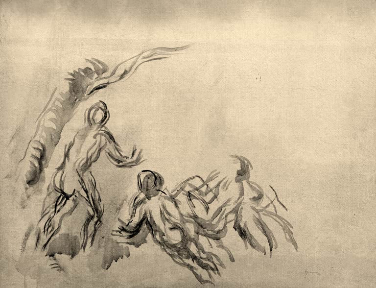 Lockere Skizze nackter Badender in grauen Pinselstrichen auf hellem Grund – Paul Cézanne Esquisse de baigneuses Kunstkopie
