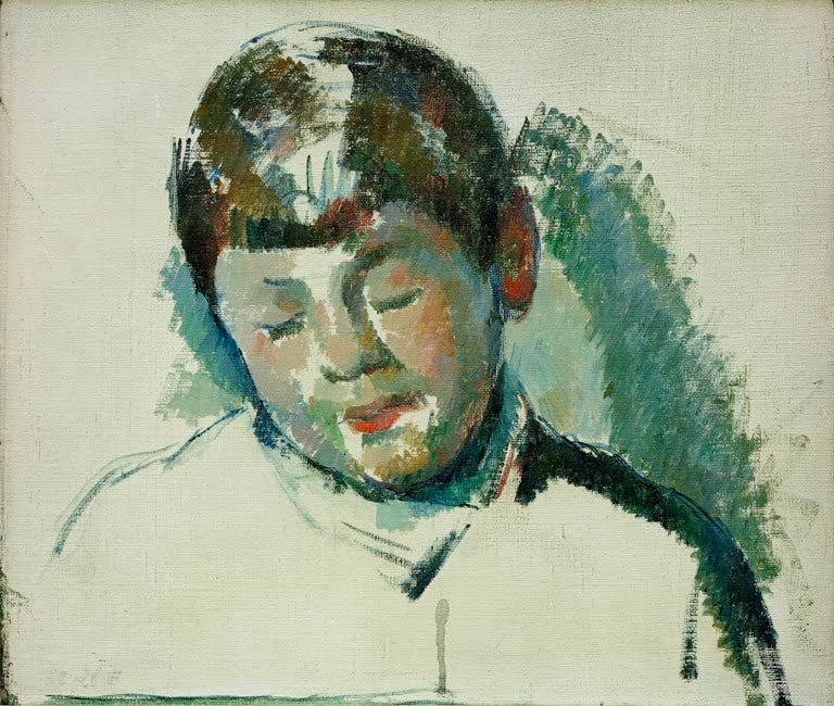 Skizze eines Kinderkopfes mit gesenktem Blick in Grün und Blau – Paul Cézanne Esquisse pour un portrait du fils Kunstkopie