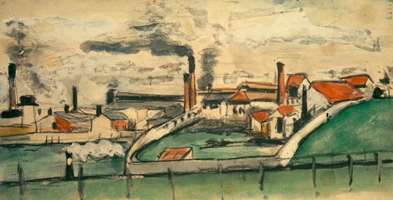 Fabrik mit rauchenden Schloten, roten Dächern und grünem Damm, Gouache – Paul Cézanne Fabrik in Estaque Kunstkopie