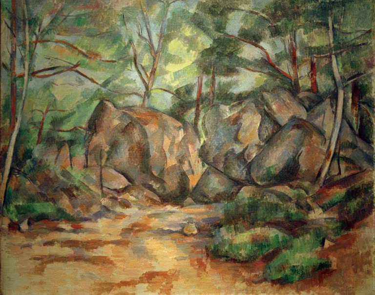 Große Felsblöcke im lichten Kiefernwald mit sandigem Weg – Paul Cézanne Felsen im Wald Kunstkopie