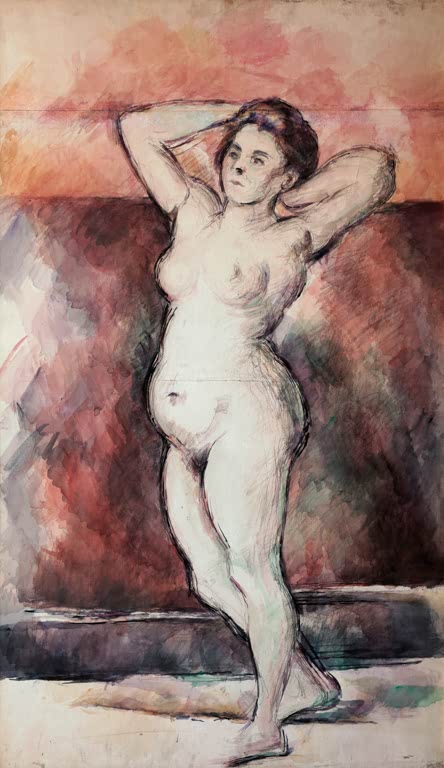Stehende nackte Frau mit erhobenen Armen vor rosa und violettem Grund – Paul Cézanne Femme nue debout Kunstkopie