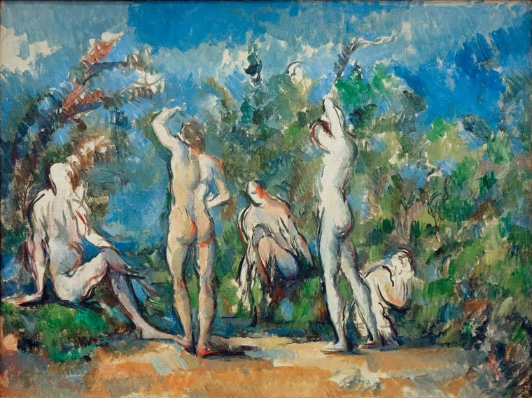 Paul Cézanne Fünf Badende Kunstkopie, fünf nackte Figuren in einer Landschaft unter blauem Himmel mit Bäumen