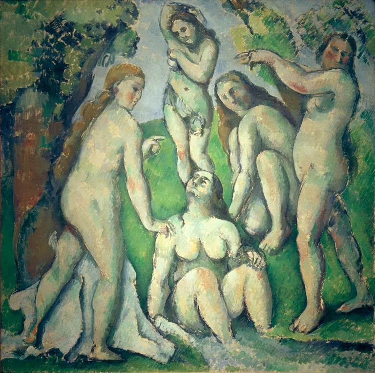 Fünf nackte Frauen stehen und sitzen vor grüner Landschaft – Paul Cézanne Fünf Badende Kunstkopie