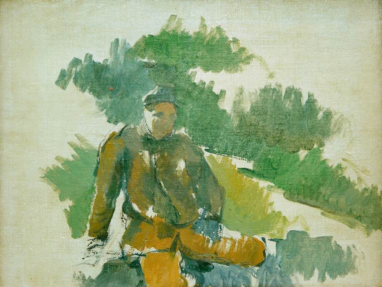 Skizzenhafte sitzende Figur in Ocker vor grünem Laubwerk – Paul Cézanne Garçon assis Kunstkopie