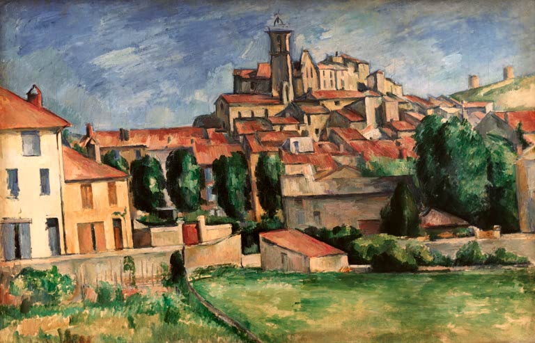 Hügeldorf mit rot gedeckten Häusern und grüner Wiese davor – Paul Cézanne Gardanne Kunstkopie