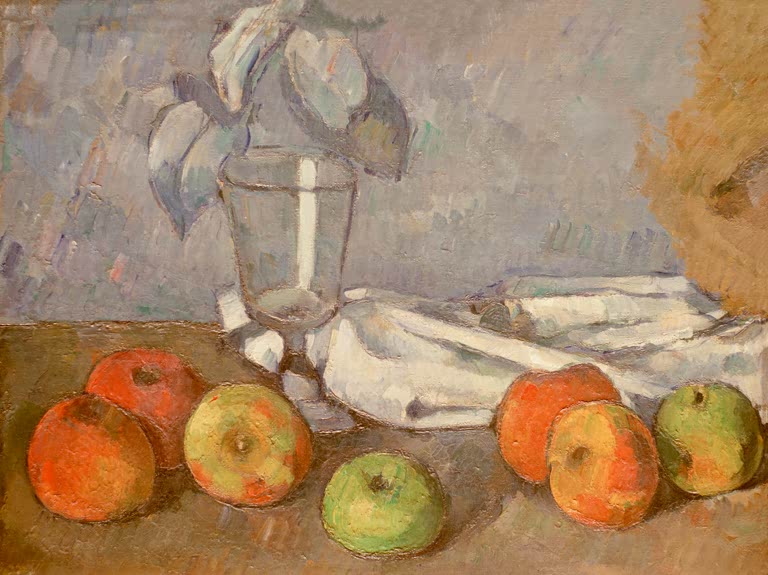 Sechs Äpfel und ein Glas auf Tisch mit weißem Tuch – Paul Cézanne Glas und Äpfel Kunstkopie