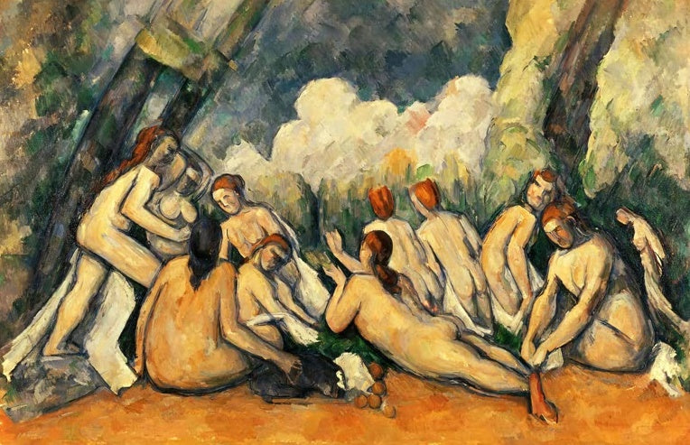 Paul Cézanne Große Badende London Kunstkopie, Gruppe von Badenden vor hohen Bäumen und weißen Wolken am Wasser
