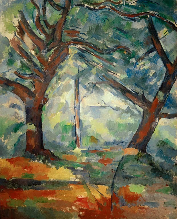 Große Bäume mit Ästen über sonnigem Waldweg in Grün und Orange – Paul Cézanne Große Bäume Kunstkopie