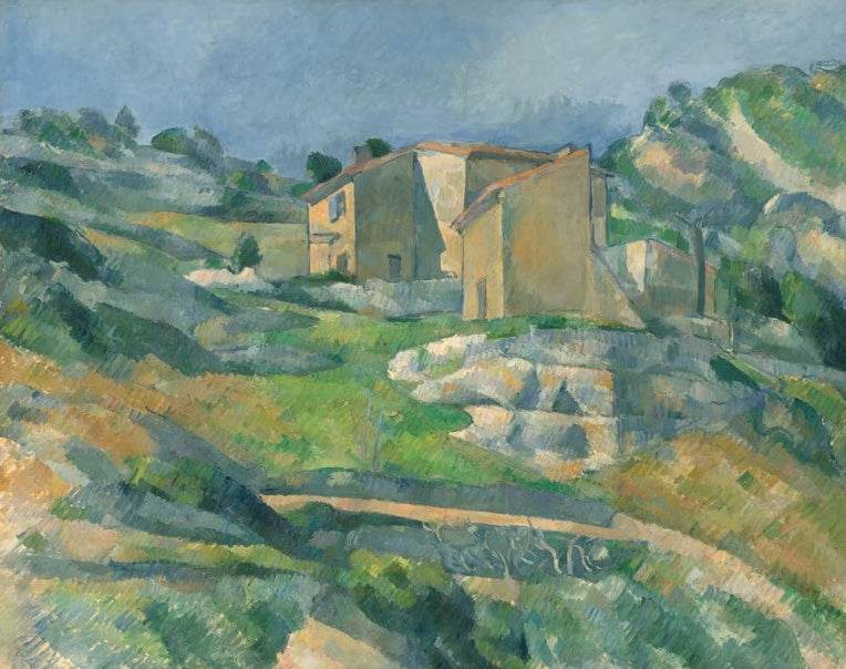 Paul Cézanne Häuser in der Provence Kunstkopie, ockerfarbene Häuser auf grünem Hang unter blaugrauem Himmel
