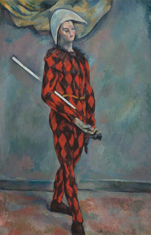 Harlekin im rot schwarz karierten Kostüm mit Stab vor grauem Hintergrund – Paul Cézanne Harlekin Kunstkopie