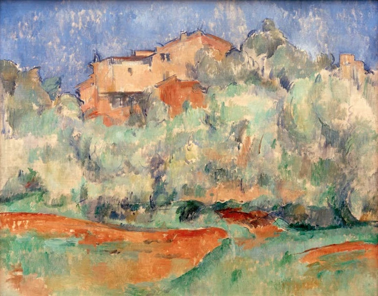Paul Cézanne Haus auf der Anhöhe von Bellevue Kunstkopie, Gehöft mit Taubenschlag über rotbraunen Feldern der Provence