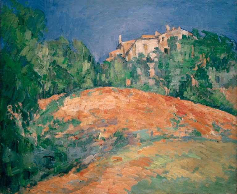 Rötlicher Hügel mit Bäumen und Landhaus unter blauem Himmel – Paul Cézanne Haus Bellevue auf dem Hügel Kunstkopie