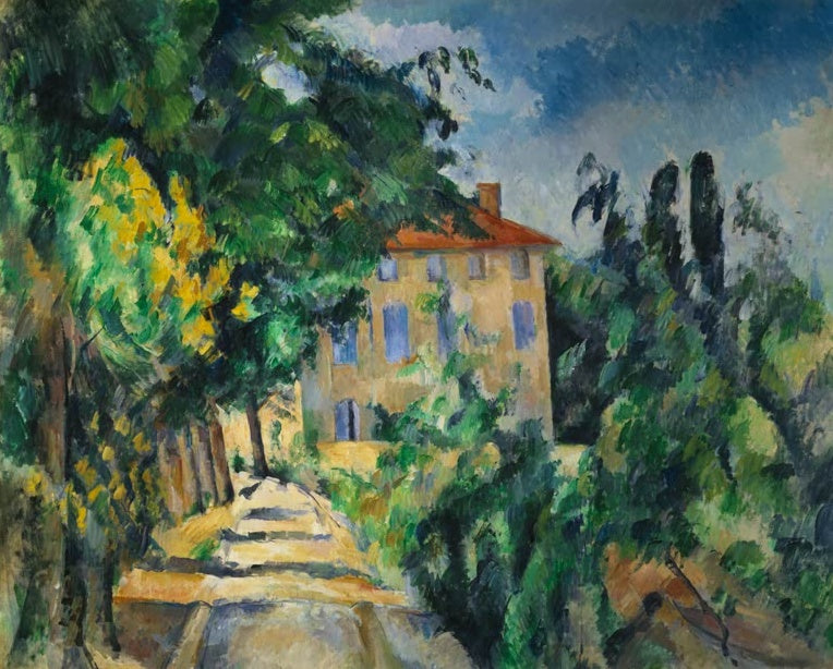 Paul Cézanne Haus mit rotem Dach Kunstkopie, gelbes Haus mit blauen Fensterläden zwischen grünen Bäumen unter Wolken