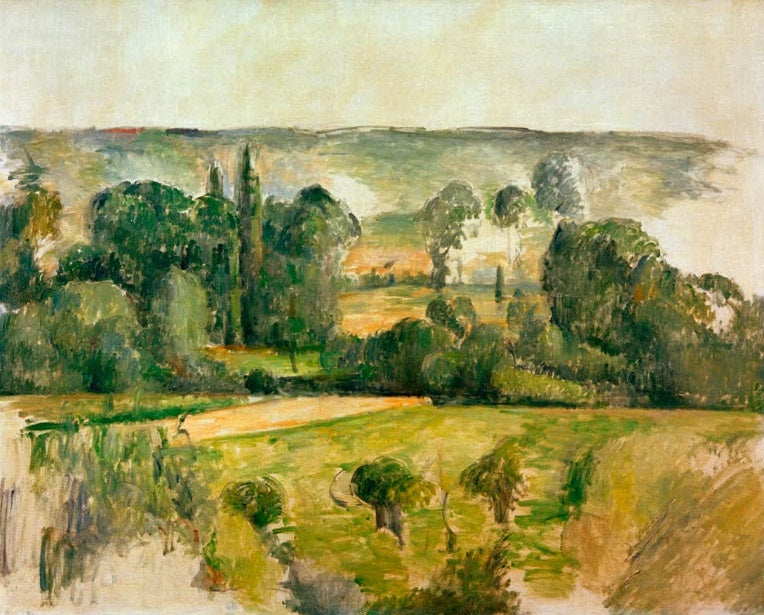 Paul Cézanne Hügellandschaft bei Médan Kunstkopie, weite Landschaft mit grünen Baumgruppen und gelben Feldern