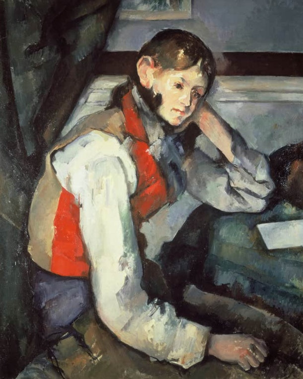 Paul Cézanne Junger Mann mit roter Weste Kunstkopie, junger Mann in roter Weste stützt nachdenklich den Kopf auf die Hand