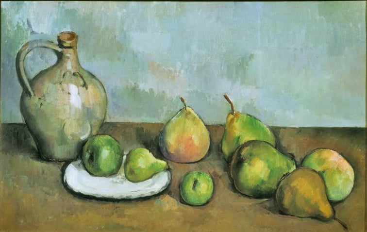 Steingutkrug, grüne Birnen und Äpfel auf Tisch vor blaugrünem Grund – Paul Cézanne Krug und Früchte Kunstkopie