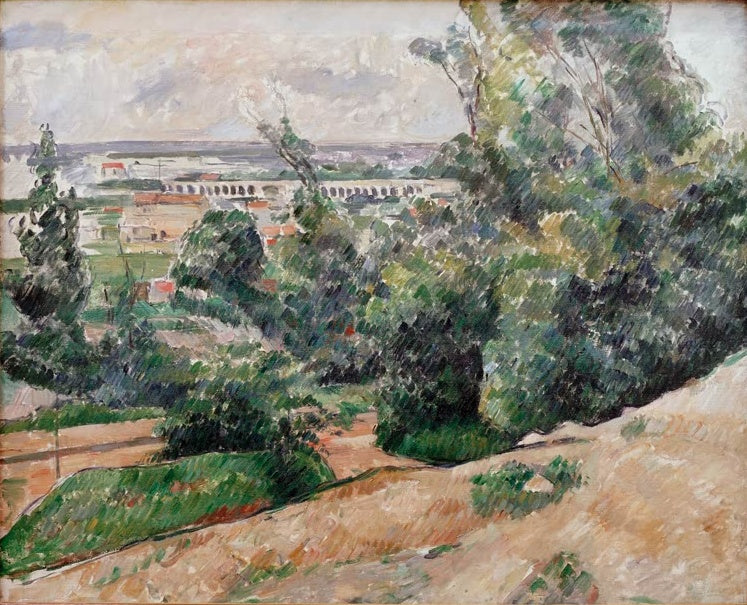 Bewaldeter Hang mit Gebüsch und Weg, in der Ferne ein Aquädukt – Paul Cézanne Aqueduc du canal de Verdon Kunstkopie