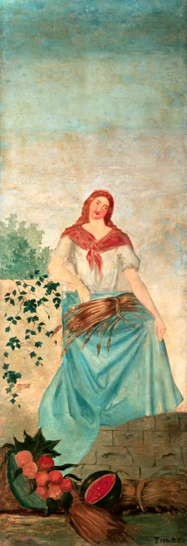 Junge Frau mit rotem Tuch und türkisem Rock neben Wassermelonen an einer Mauer – Paul Cézanne Der Sommer Kunstkopie