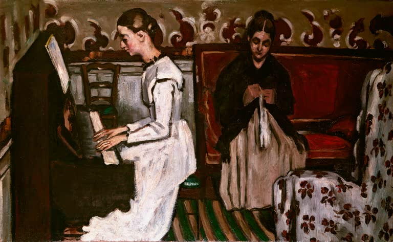 Mädchen in Weiß spielt Klavier, daneben sitzt eine Frau mit Handarbeit – Paul Cézanne Ouverture de Tannhäuser Kunstkopie