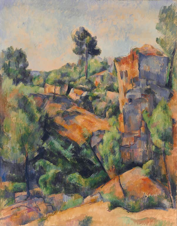 Steinbruch mit orangeroten Felsen zwischen Kiefern – Paul Cézanne La carrière de Bibémus Kunstkopie