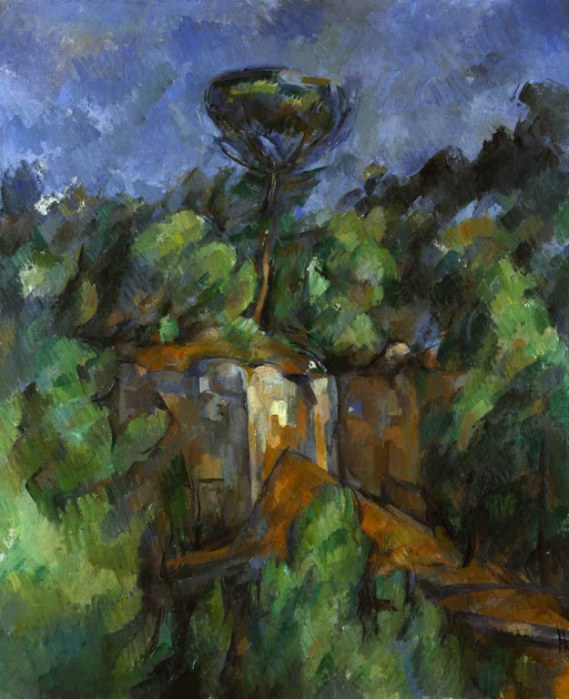 Steinbruch mit rotbraunen Felsen und Kiefer vor tiefblauem Himmel – Paul Cézanne La Carrière de Bibémus Kunstkopie