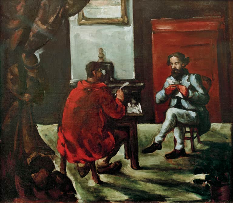 Zwei Männer im Zimmer, einer in Rot am Pult, der andere lesend – Paul Cézanne La lecture de Paul Alexis chez Zola Kunstkopie