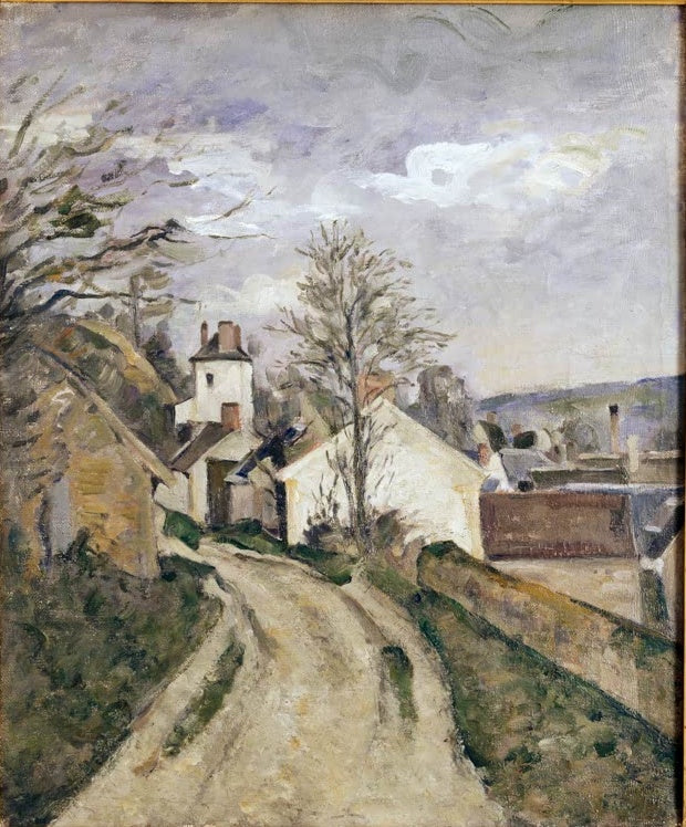 Weg zu Häusern mit Turm unter grauem Wolkenhimmel – Paul Cézanne La maison du docteur Gachet Kunstkopie