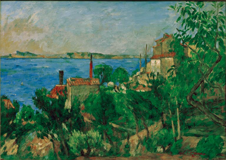 Blaues Meer, rote Dächer und grüne Bäume an der Küste – Paul Cézanne La mer Kunstkopie