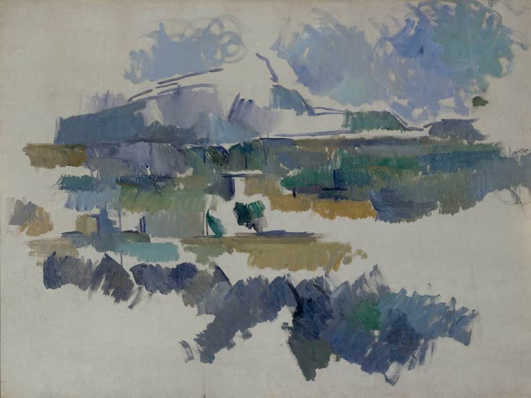Skizzenhafte blaue Berg- und Wolkenflächen auf hellem Grund – Paul Cézanne La Montagne Sainte-Victoire Kunstkopie