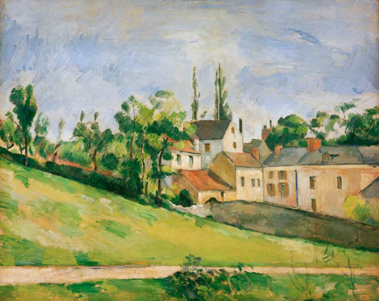 Ansteigender Weg mit Dorfhäusern und Bäumen unter hellem Himmel – Paul Cézanne La Route montant Kunstkopie