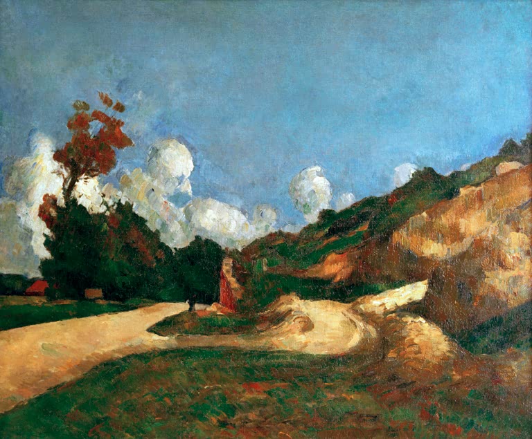 Sandiger Weg durch hügelige Landschaft unter blauem Himmel mit weißen Wolken – Paul Cézanne La Route Kunstkopie