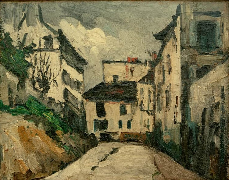 Schmale Straße zwischen hohen Häusern in Grau- und Ockertönen – Paul Cézanne La Rue des Saules à Montmartre Kunstkopie