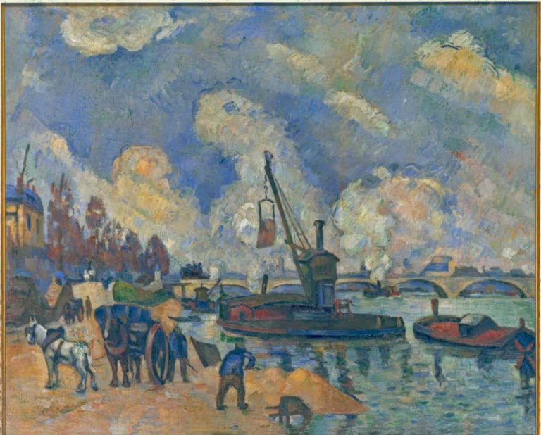 Lastkran und Lastkähne an der Seine mit Pferdefuhrwerk unter Wolkenhimmel – Paul Cézanne La Seine à Bercy Kunstkopie