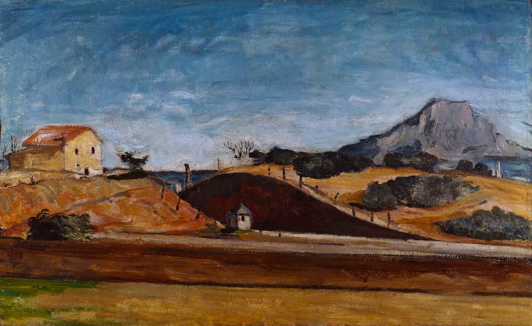Rotbraune Hügel mit Bahneinschnitt, Haus und Berg unter blauem Himmel – Paul Cézanne La tranchée Kunstkopie