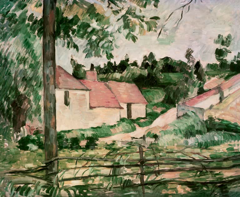 Haus mit rosa Dach hinter Holzzaun und hohem Baum – Paul Cézanne Landschaft, Auvers-sur-Oise Kunstkopie