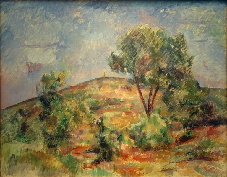 Hügelige Landschaft mit Baum und Gebüsch im warmen Licht – Paul Cézanne Landschaft bei Aix Kunstkopie