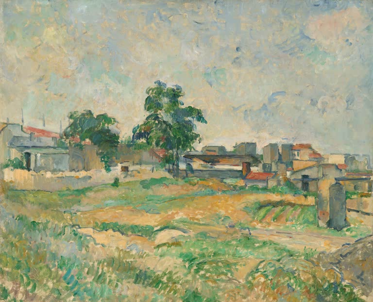 Dorfrand mit Häusern, Bäumen und hellem Feldweg unter bewölktem Himmel – Paul Cézanne Landschaft bei Paris Kunstkopie