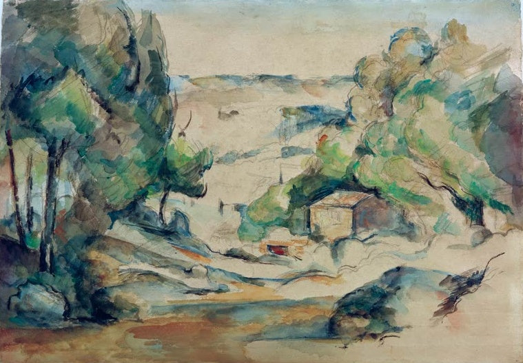 Paul Cézanne Landschaft in der Provence mit Gehöft Kunstkopie, lockeres Aquarell mit Bäumen und Haus im diesigen Licht