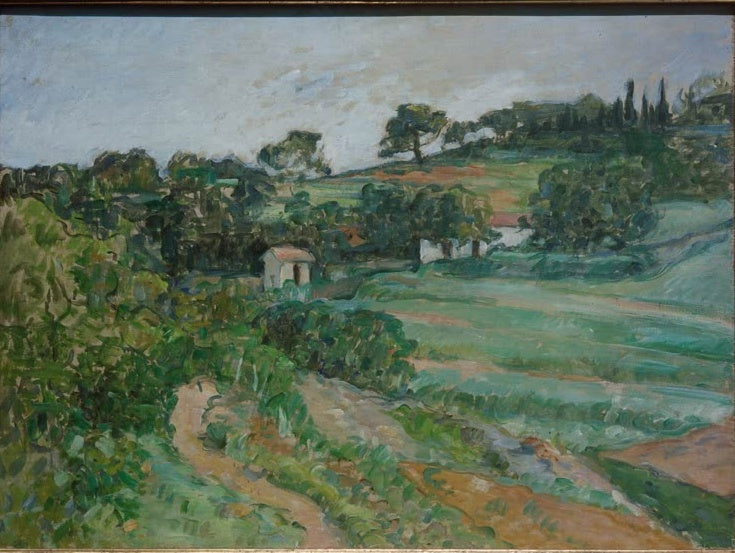 Provenzalische Landschaft mit Feldweg, Bäumen und kleinem Haus unter weitem Himmel – Paul Cézanne Landschaft Kunstkopie