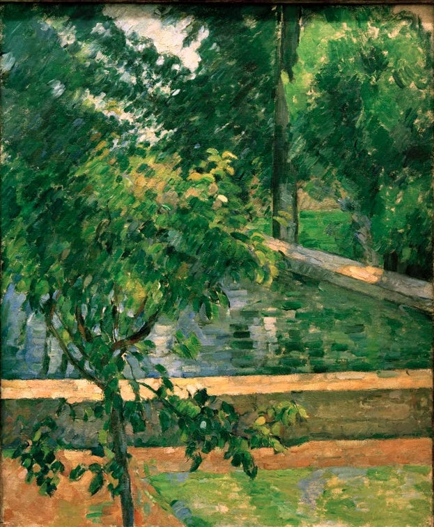 Parkteich mit Mauer hinter jungem Baum und üppigem Laub – Paul Cézanne Le Bassin du Jas de Bouffan Kunstkopie