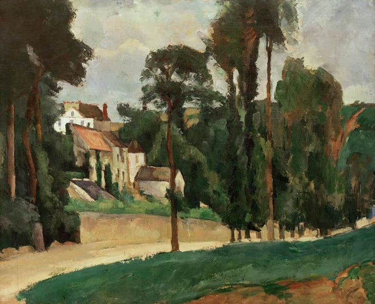 Hohe Bäume und Häuser am Hang über einem Fahrweg – Paul Cézanne Le Clos des Mathurins Kunstkopie